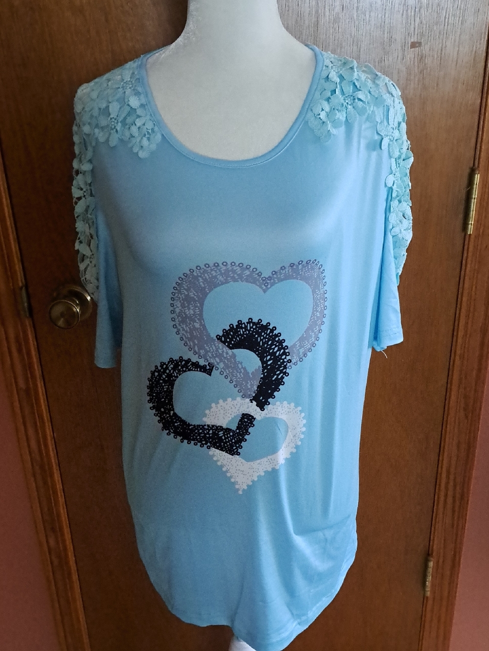 Light Blue Lace-Shoulder Tunic with Heart Motif